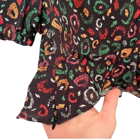 FARM Rio Orange and Black Puff Sleeve Peplum Blouse - Picture 4 of 7